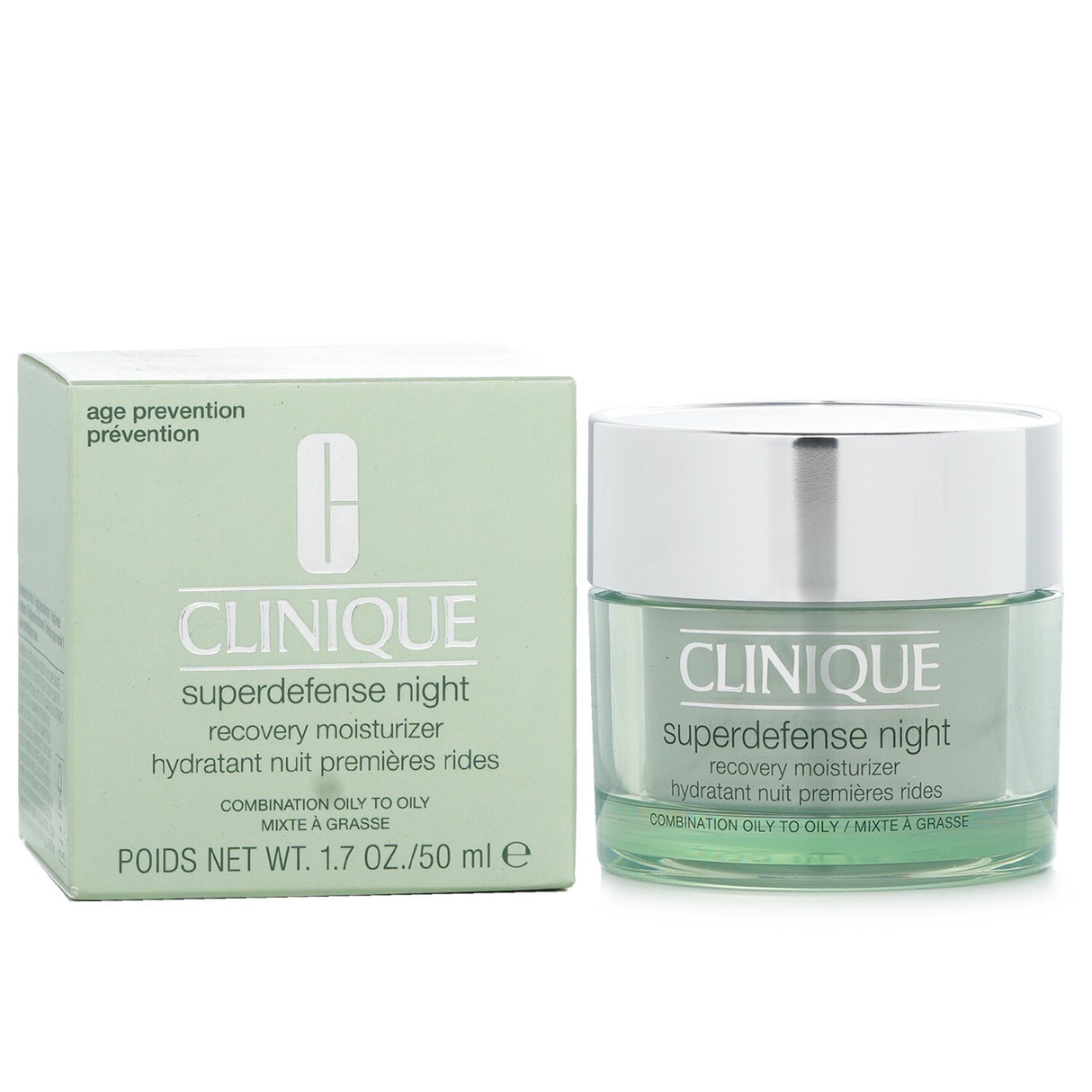 Clinique Superdefense Night Recovery Moisturizer for combination oily skin, promoting hydration, radiance, and youthful appearance.