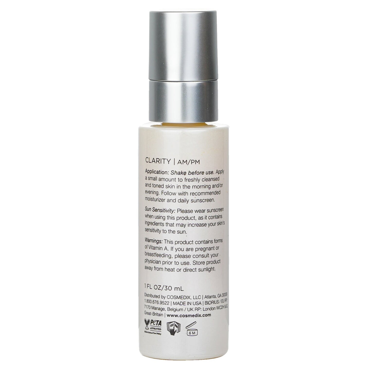 CosMedix Clarity Serum in a 30ml bottle, featuring natural anti-acne ingredients for clear, smooth, and healthy skin.