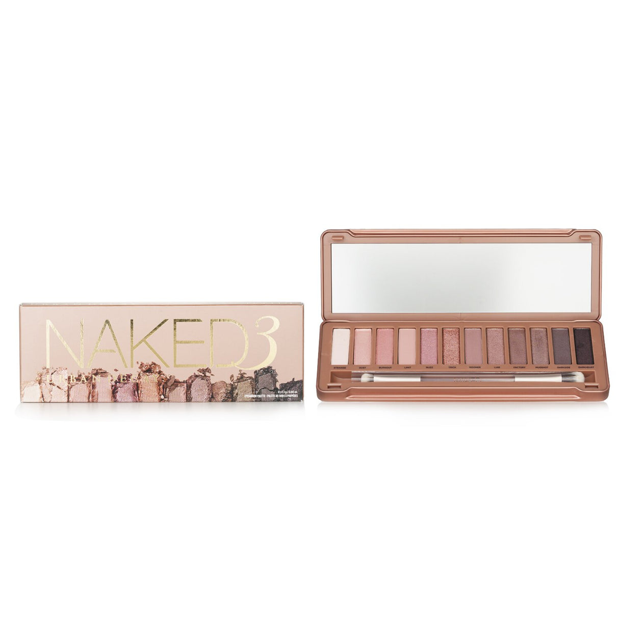 Urban Decay Naked 3 Palette featuring 12 blendable eyeshadows and a double-ended brush for versatile eye looks.