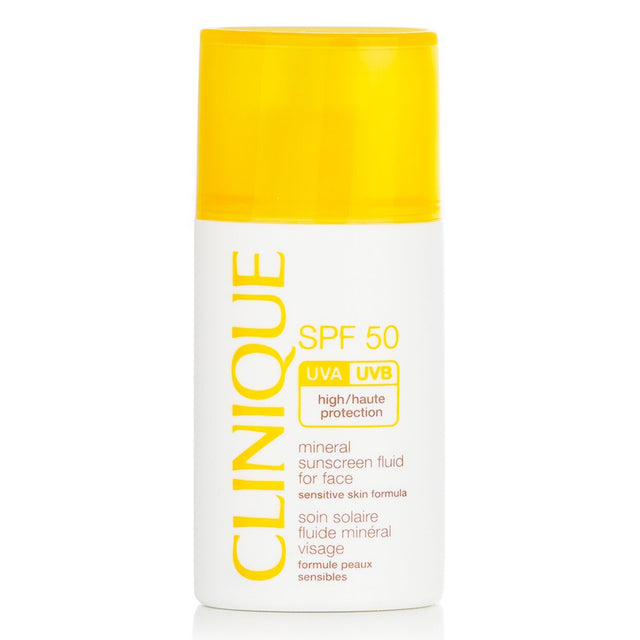 Clinique Mineral Sunscreen Fluid SPF 50, lightweight and oil-free, designed for sensitive skin with broad-spectrum protection.