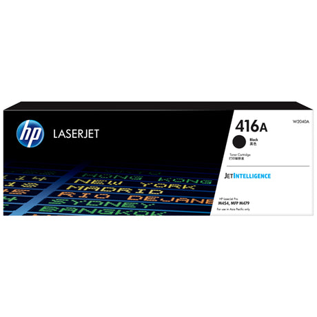 HP 416A Black Toner cartridge, ideal for high-quality prints, yields 2,400 pages, compatible with M454 and M479 printers.