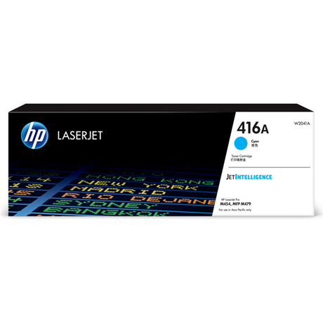 HP 416A Cyan Toner cartridge for vibrant prints, yielding up to 2,100 pages; ideal for M454 and M479 printers.