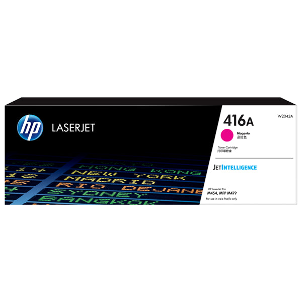 HP 416A Magenta Toner cartridge for vibrant prints, yields up to 2,100 pages, ideal for HP LaserJet M454/M479 printers.