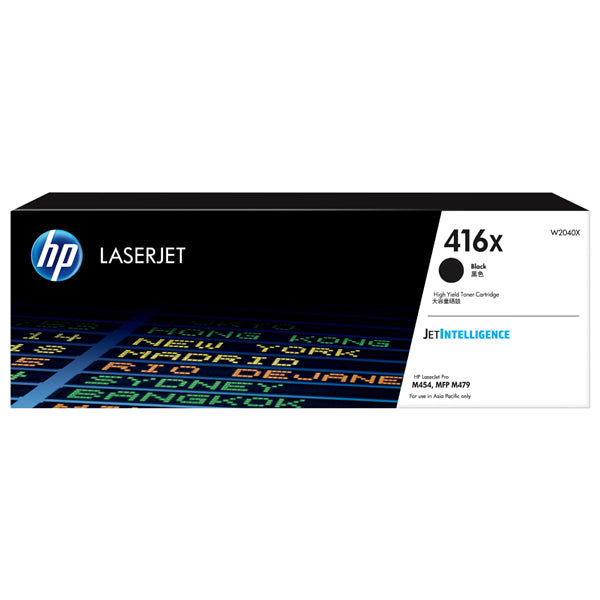 HP 416X Black Toner Cartridge for high-performance printing, yielding up to 7,500 pages, compatible with M454 and M479 series.