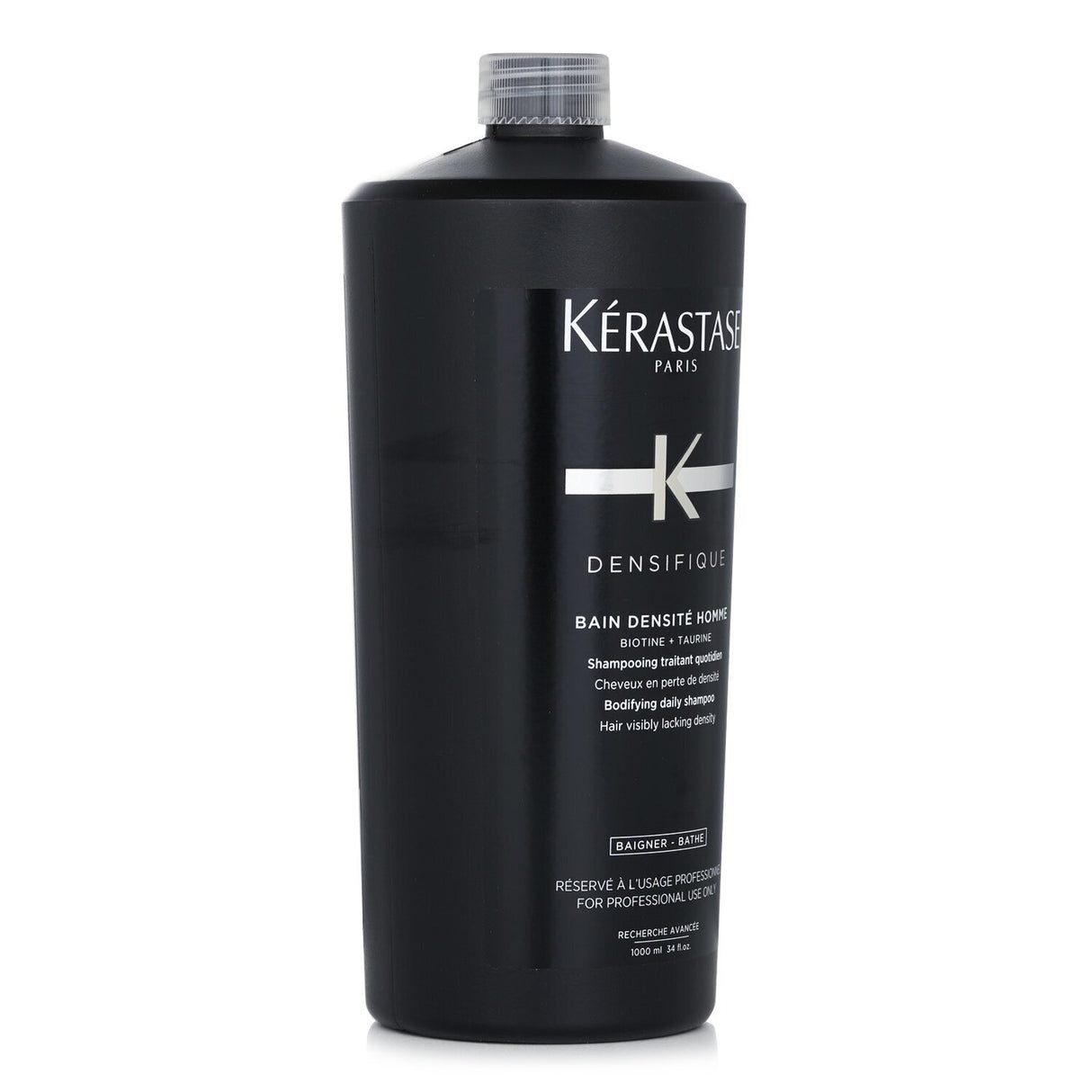 Kerastase Densifique Bain Densite Homme shampoo for men, enhances hair density with biotin and texturizing polymers.