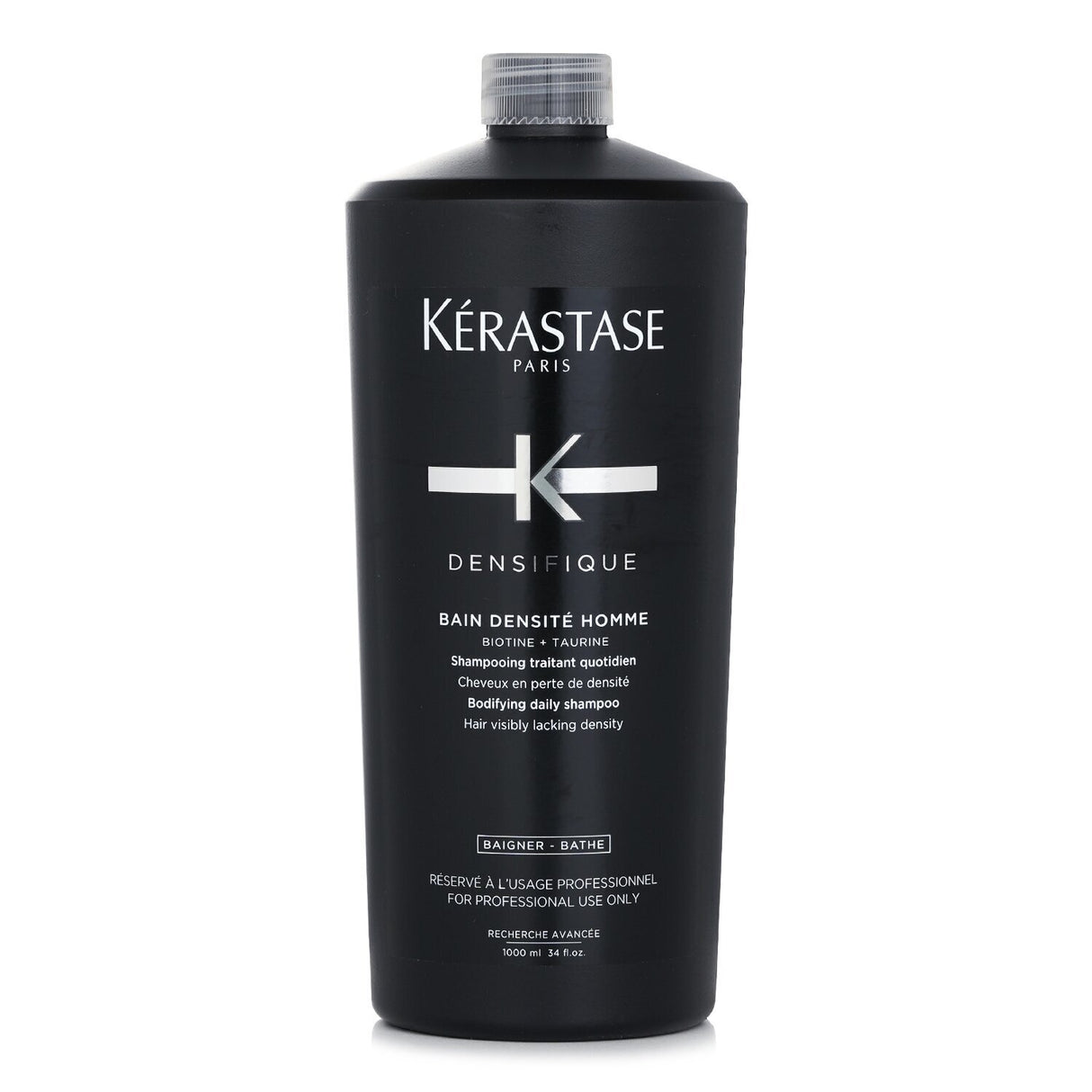 Kerastase Densifique Bain Densite Homme Shampoo for men, enhances hair density, cleanses scalp, infused with biotin and polymers.