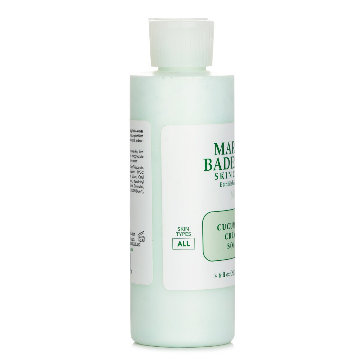 A bottle of Mario Badescu Cucumber Cream Soap, a calming facial cleanser for all skin types, infused with soothing cucumber extract.