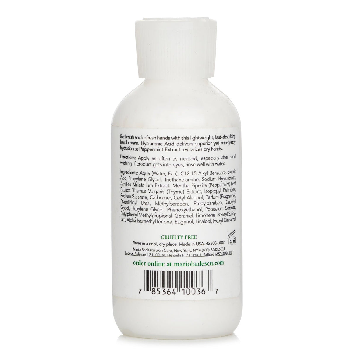 Mario Badescu Hydrating Hand Cream in 118ml, lightweight, absorbs easily, infused with Hyaluronic Acid for long-lasting moisture.