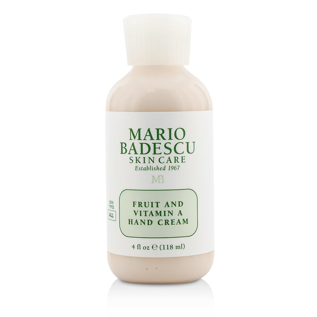 Hydrating Mario Badescu hand cream with Vitamin A, E oils, and citrus extracts for softer, rejuvenated hands.