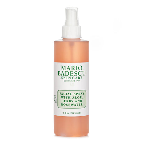 Hydrating facial mist with aloe, herbs, and rosewater, suitable for all skin types; refreshes and soothes skin instantly.