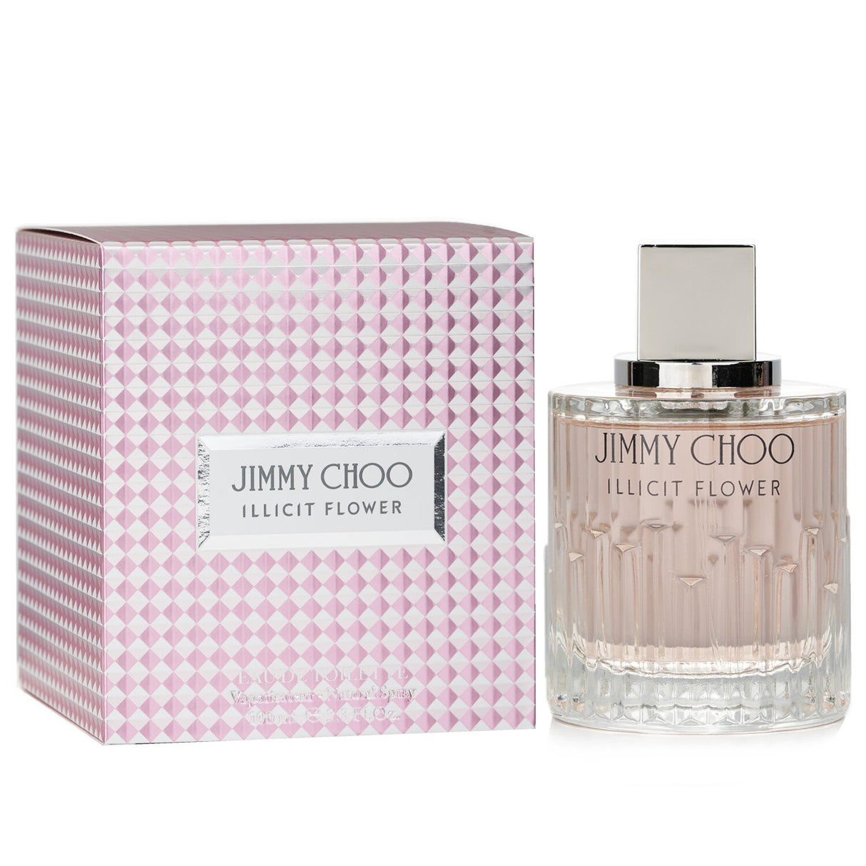 Elegant 100ml bottle of Jimmy Choo Illicit Flower Eau De Toilette, a floral woody scent for modern women, showcasing femininity.