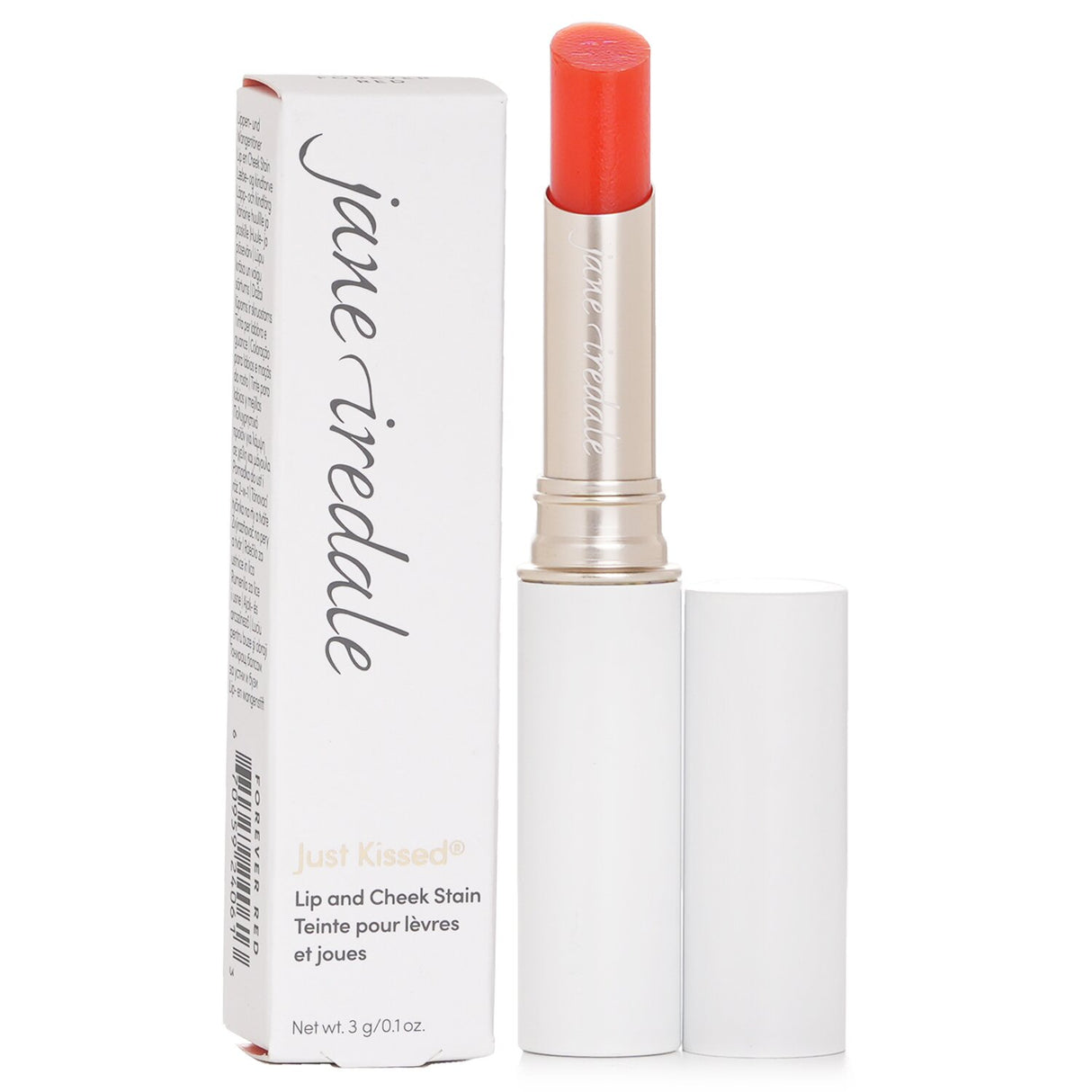 "Jane Iredale's Just Kissed Lip & Cheek Stain in Forever Red provides natural, long-lasting color and hydration for lips and cheeks."