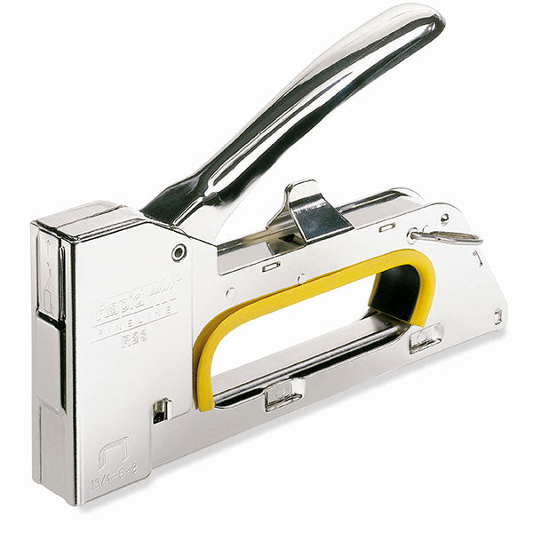 Heavy-duty steel staple gun for professionals, ideal for tacking fabrics and papers, featuring comfortable grip and recoilless action.