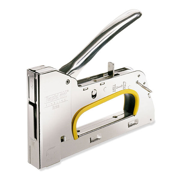 Metal staple gun Rapid Tacker R33E features ergonomic design, adjustable force, and durable steel construction for heavy-duty use.