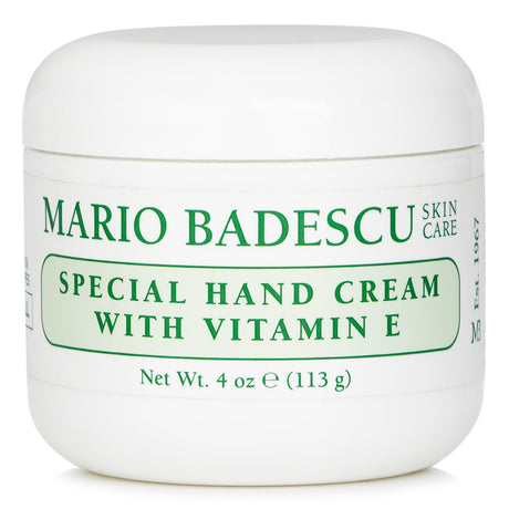 Luxurious Mario Badescu hand cream infused with Vitamin E, ideal for moisturizing and soothing dry, cracked hands.
