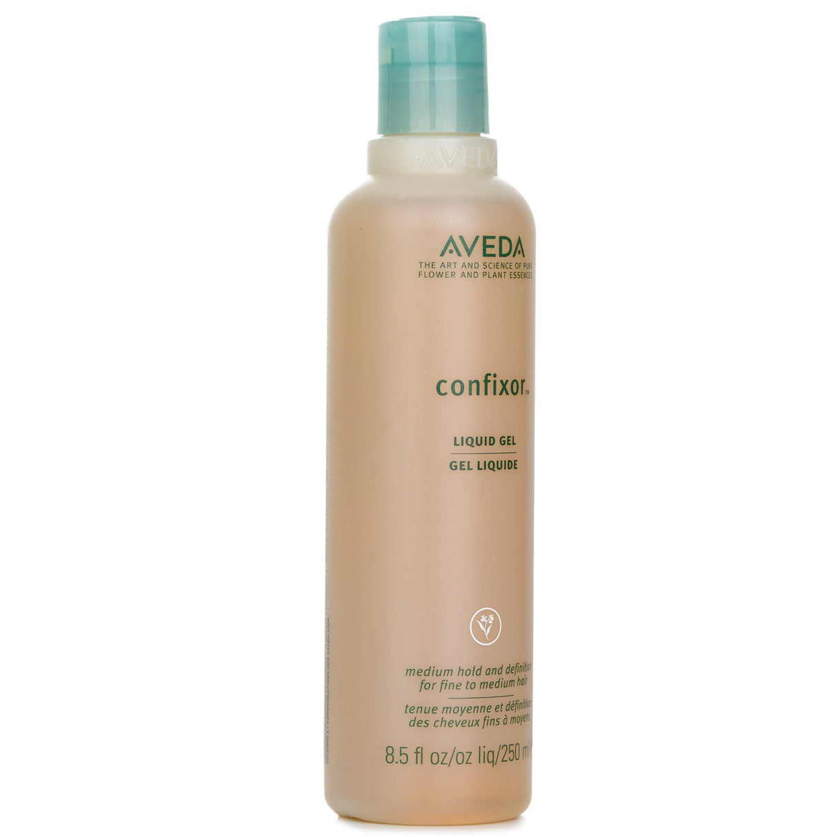 Aveda Confixor Liquid Gel in a 250ml bottle, providing medium hold and shine for versatile hairstyles, enriched with Morikue protein.