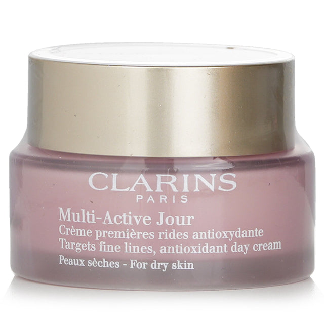 Clarins Multi-Active Day Cream for dry skin, enriched with antioxidants to reduce fine lines and enhance youthful radiance.