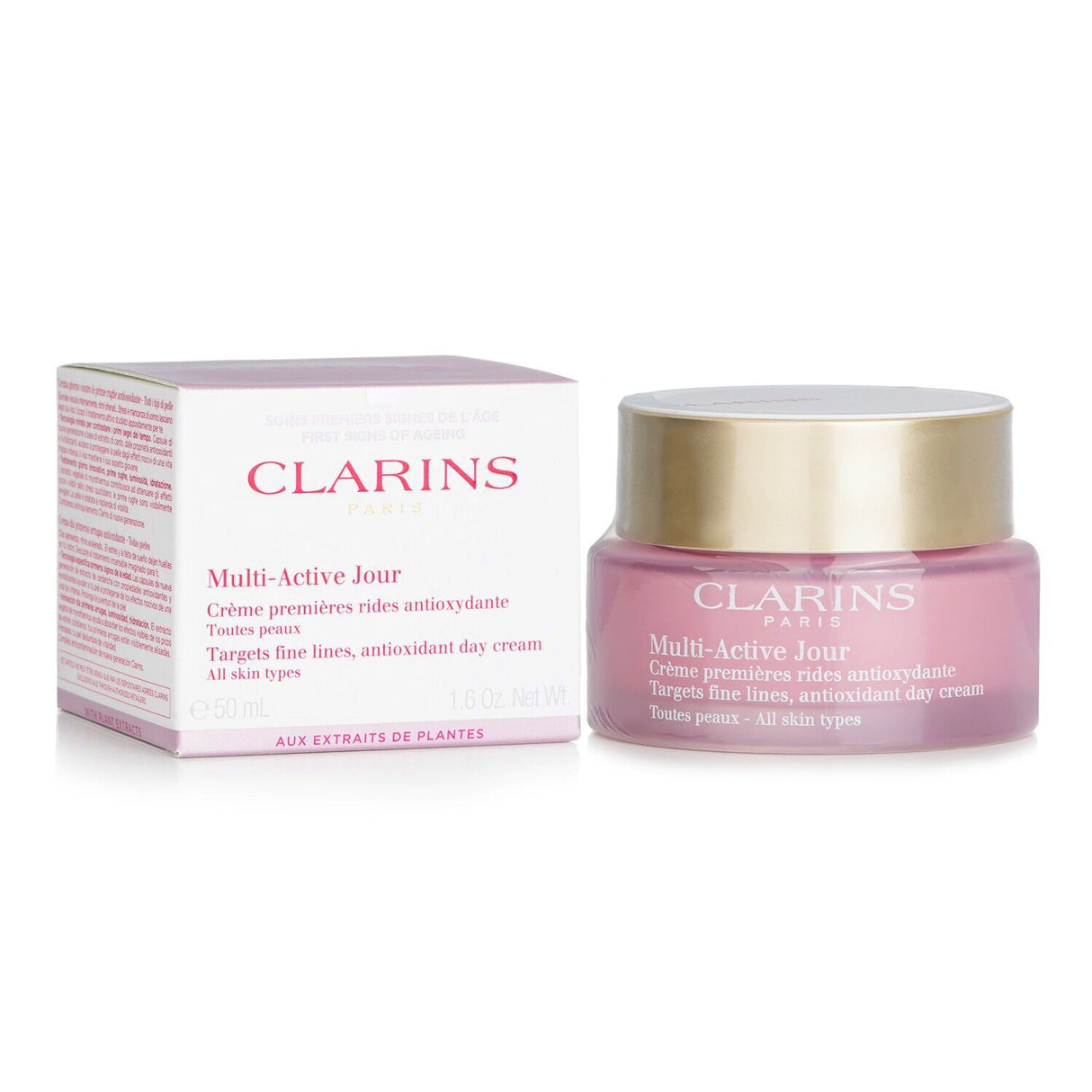 Clarins Multi-Active Day Cream for all skin types, targets fine lines with antioxidants for youthful, radiant skin.