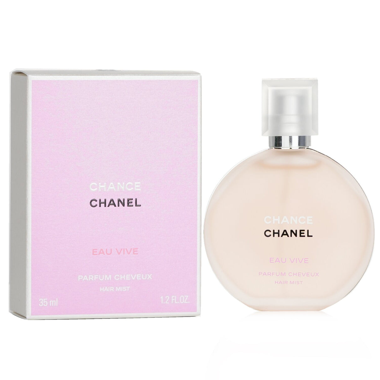 Chanel Chance Eau Vive Hair Mist in a 35ml bottle, delivering a floral-zesty scent while promoting healthy, soft hair.