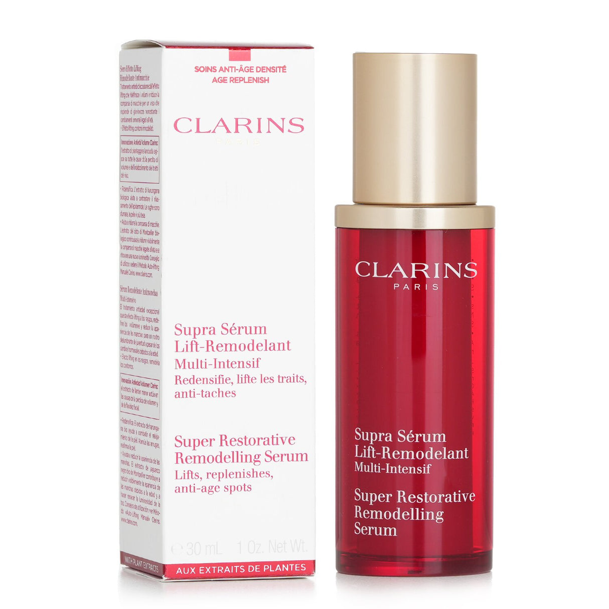 Lightweight anti-aging serum from Clarins with plant extracts to firm skin and reduce wrinkles for a youthful complexion.