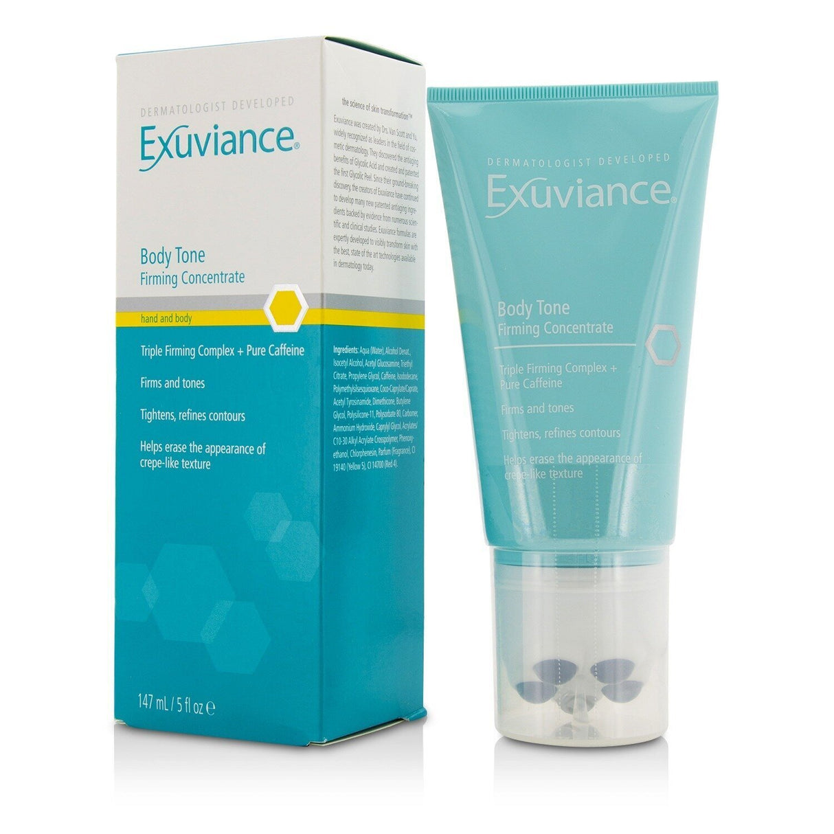 Exuviance Body Tone Firming Concentrate in a 147ml bottle, featuring a rollerball applicator for firmer, hydrated skin.