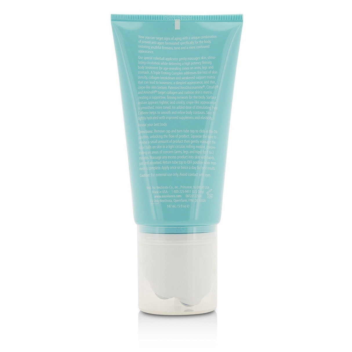 Exuviance Body Tone Firming Concentrate in a rollerball applicator, promotes skin firmness and hydration for a toned appearance.