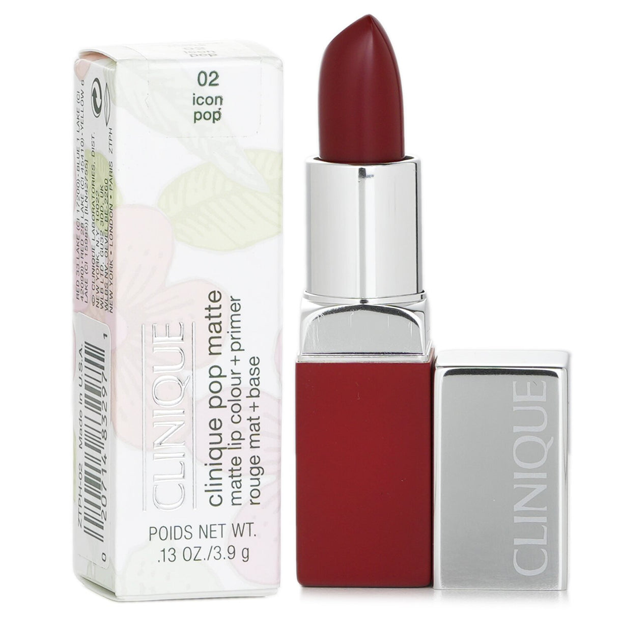 Clinique Pop Matte Lip Colour + Primer #02 Icon Pop in sleek packaging, offering vibrant color and all-day matte comfort.