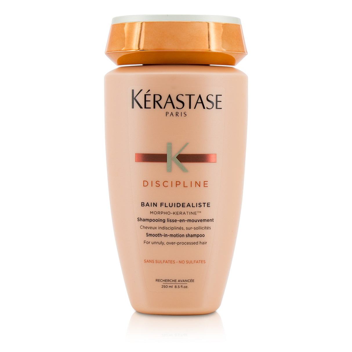 Sulfate-free shampoo for unruly hair, enhancing fluidity, shine, and manageability while reducing frizz.