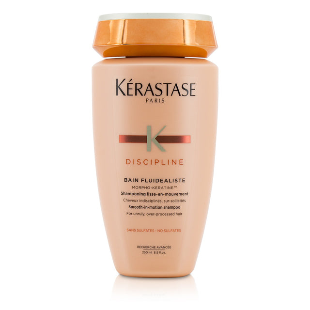 Sulfate-free shampoo for unruly hair, enhancing fluidity, shine, and manageability while reducing frizz.