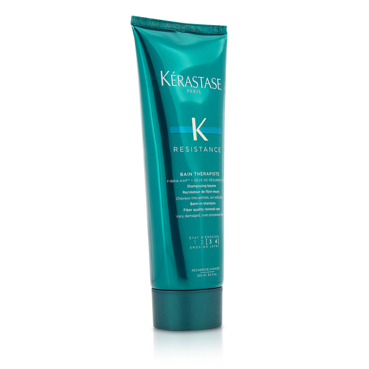 Balm-in-shampoo for very damaged hair, renewing fibers with jelly formula and six amino acids for hydration and strength.