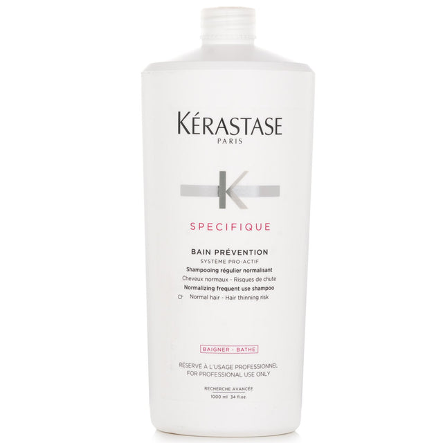 Kerastase Specifique Bain Prevention Shampoo 1000ml for normal hair, combats thinning, promotes scalp health, and enhances hair volume.