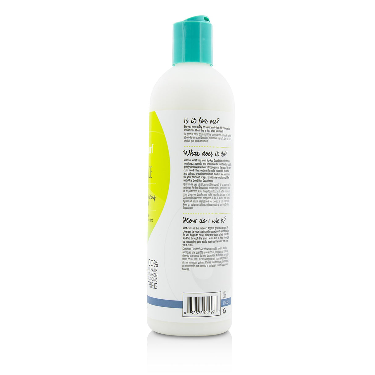 DevaCurl No-Poo Decadence, a 355ml zero-lather cleanser for super curly hair, offering hydration and frizz control.