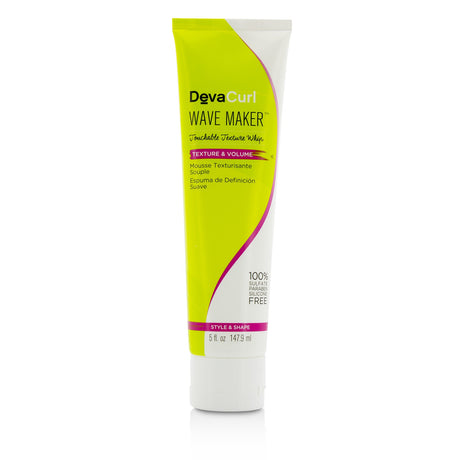 DevaCurl Wave Maker Whip in a 147.9ml bottle for creating defined, bouncy waves with frizz control and a fruity scent.