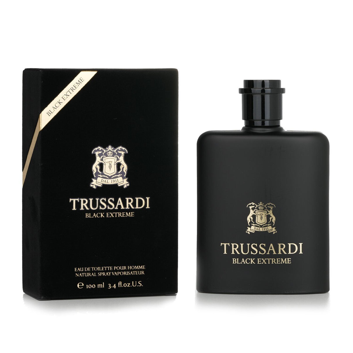 Trussardi Black Extreme Eau De Toilette Spray in sleek black bottle, featuring woody leather notes for modern, sophisticated men.