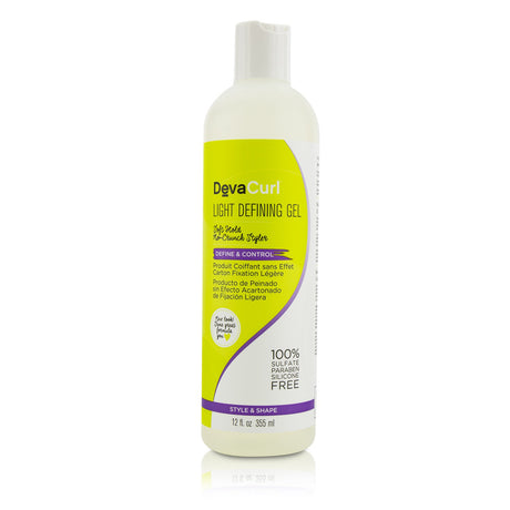 DevaCurl Light Defining Gel in a 355ml bottle for defined, soft curls without crunch, enriched with tropical scents.