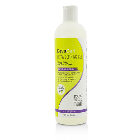 DevaCurl Ultra Defining Gel in 355ml for strong hold, controls frizz, and defines curls with a tropical mango scent.