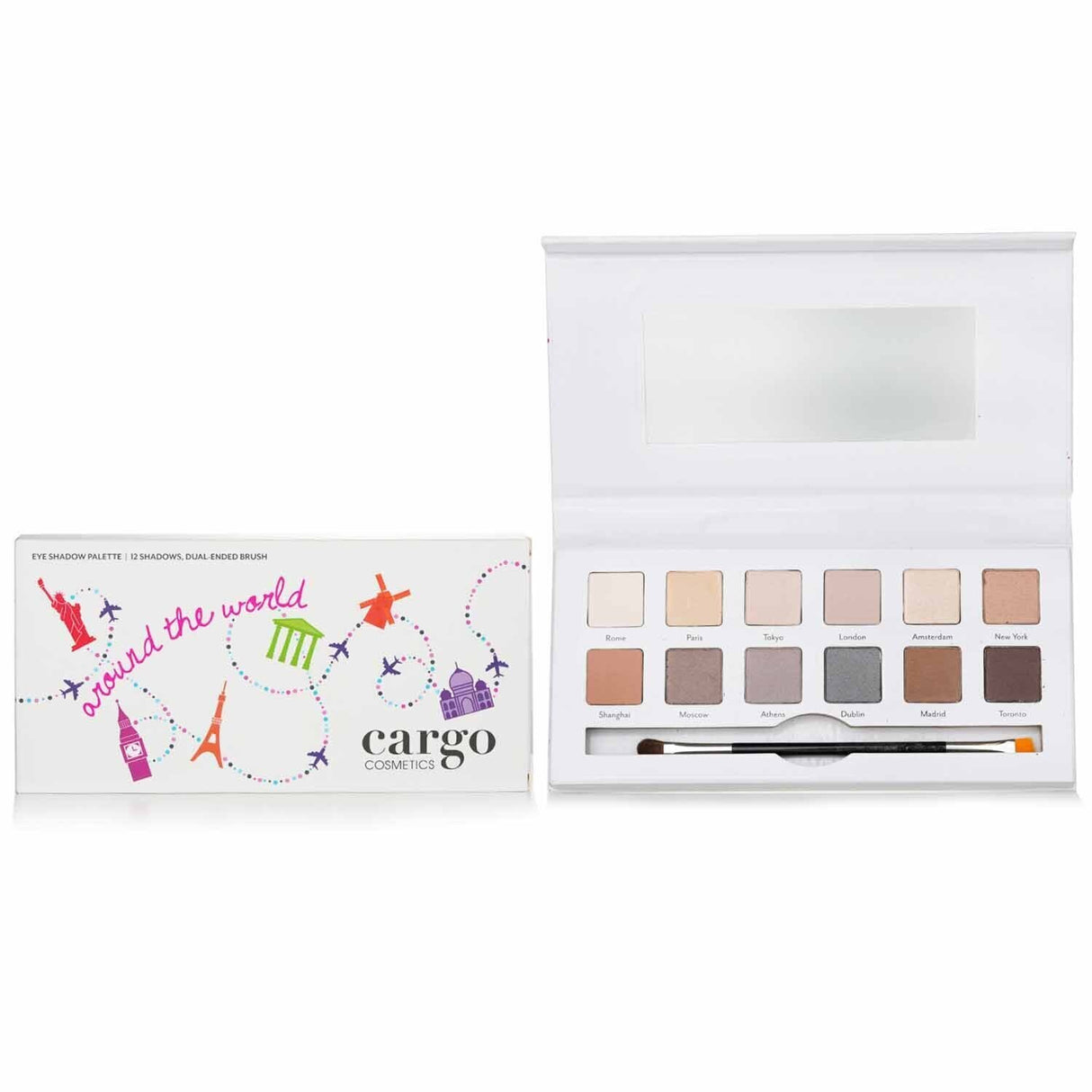 Colorful Cargo Around the World Eye Shadow Palette featuring 12 shades inspired by global cities and a dual-ended brush for application.