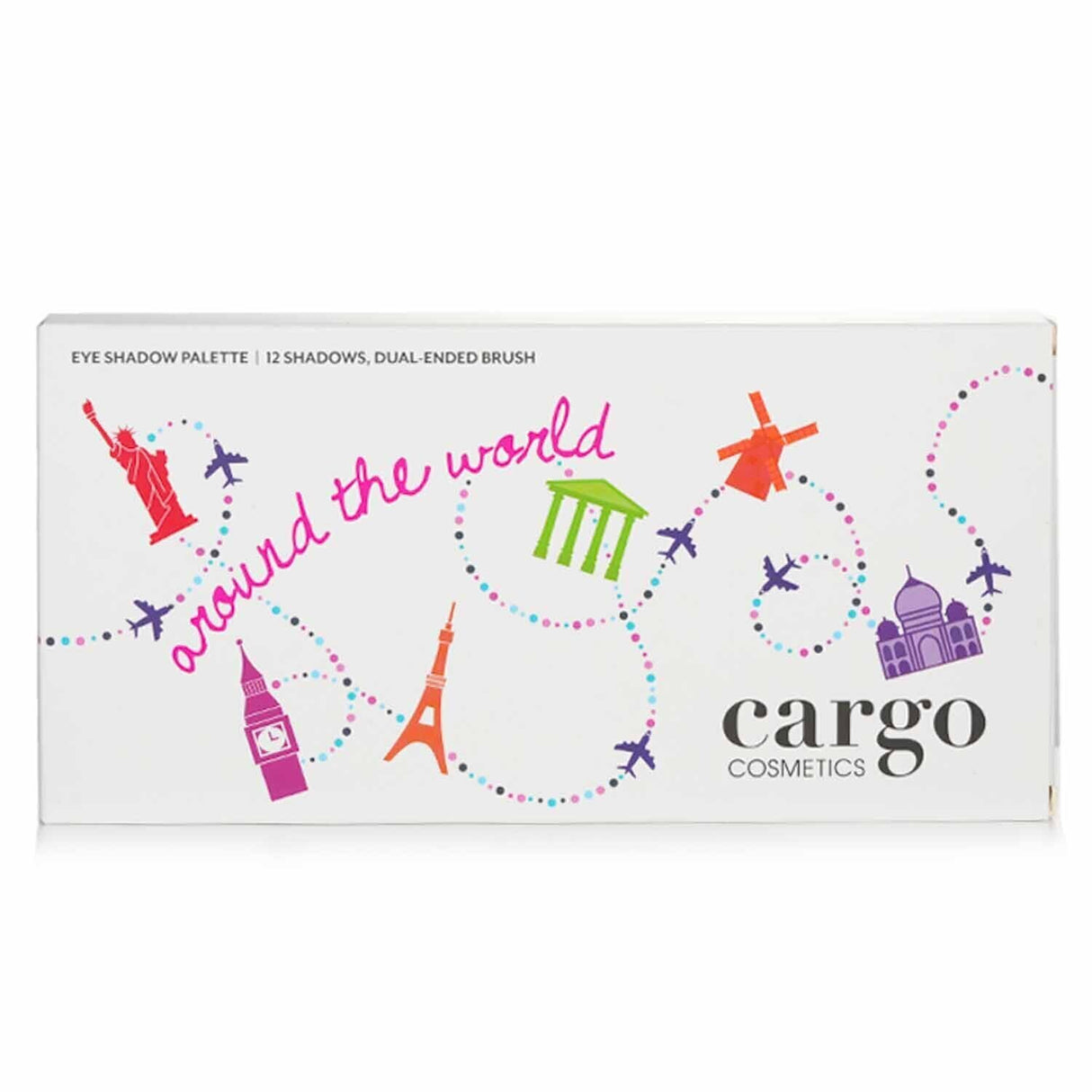 Cargo Around the World Eye Shadow Palette showcasing 12 vibrant shades and a dual-ended brush for versatile eye looks.