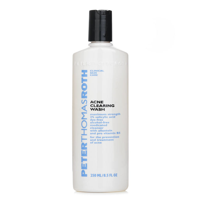 Peter Thomas Roth Acne Clearing Wash in a 250ml bottle, features 2% Salicylic Acid for deep cleansing and acne prevention.
