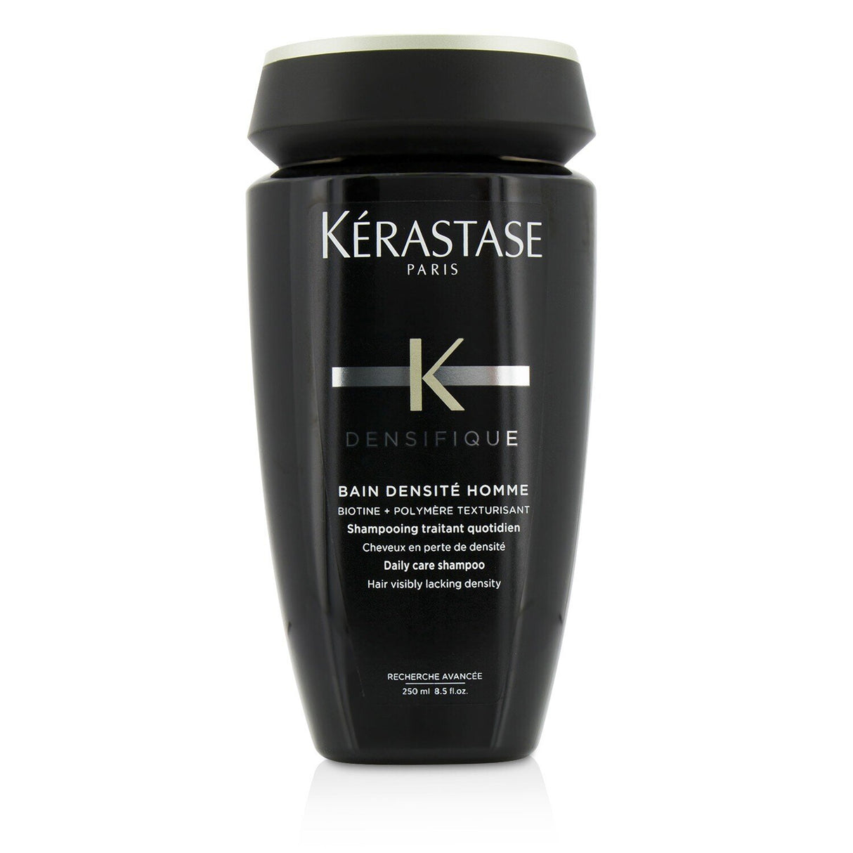 Kerastase Densifique Bain Densite Homme shampoo for thicker, denser hair, enriched with biotin for scalp health and vitality.