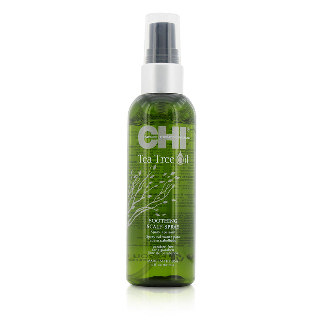 CHI Tea Tree Oil Soothing Scalp Spray in a 89ml bottle, providing instant relief for itching and dryness with natural oils.