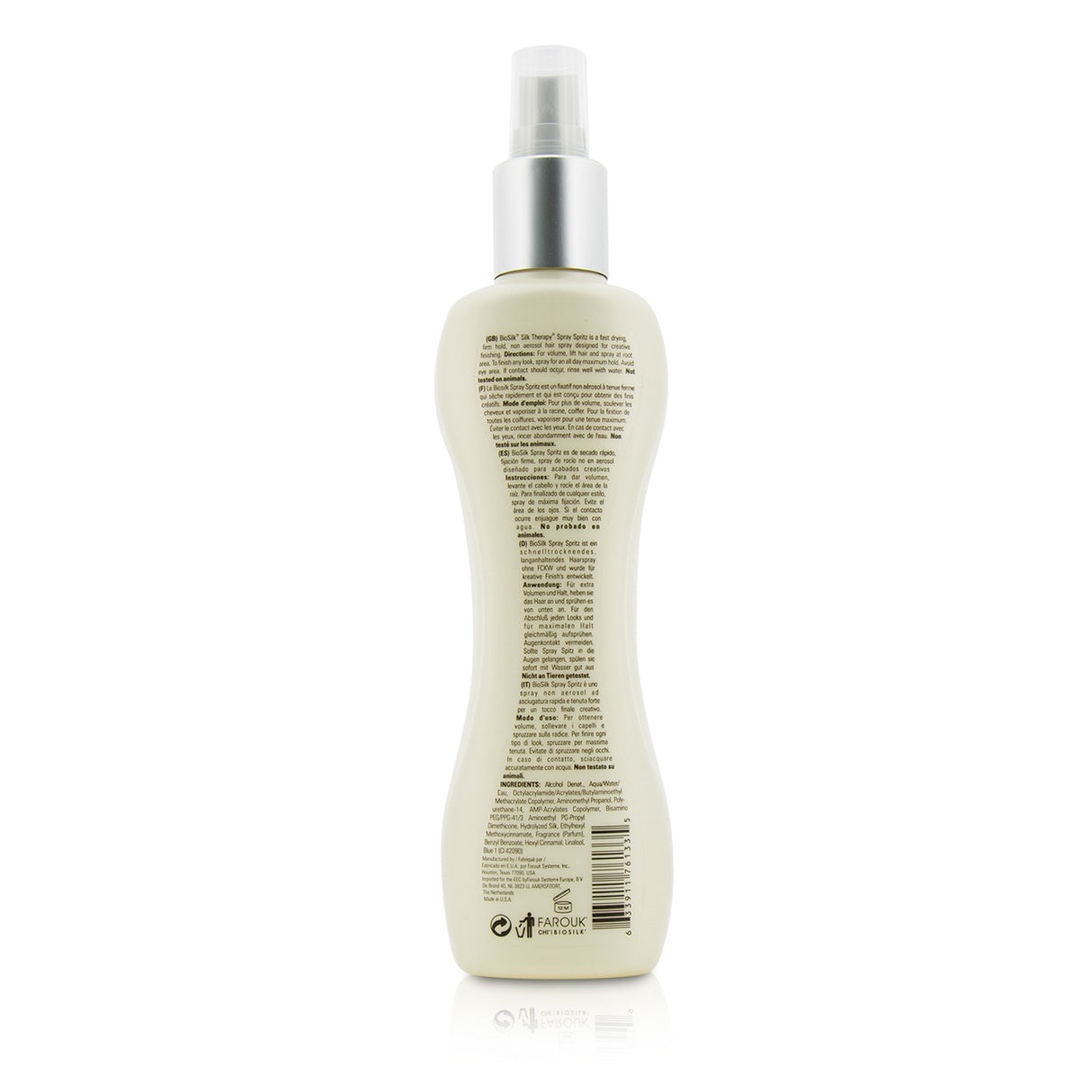 BioSilk Silk Therapy Spray Spritz in a 207ml bottle for firm hold, moisture, and shine without flaking, ideal for styled hair.