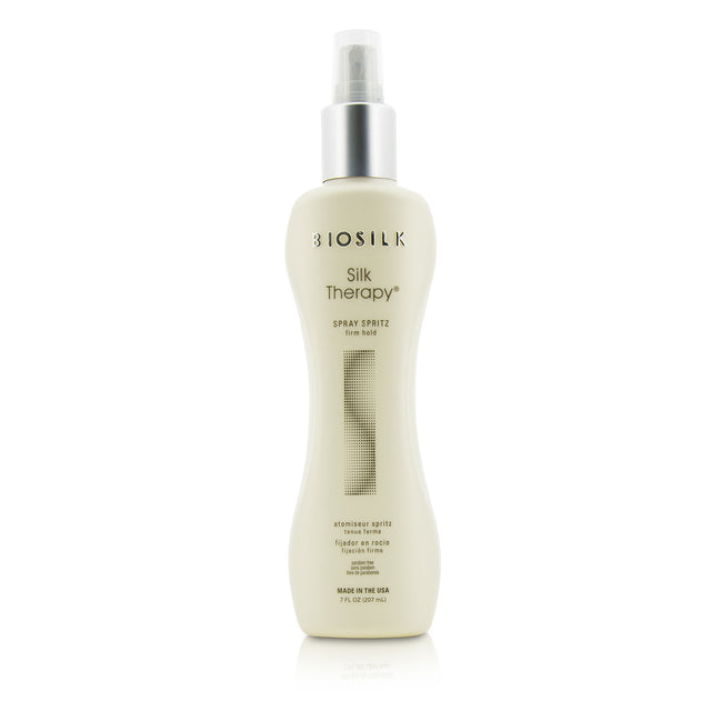 "BioSilk Silk Therapy Spray Spritz provides firm hold, shine, and moisture for styled hair, ideal for all-day control."