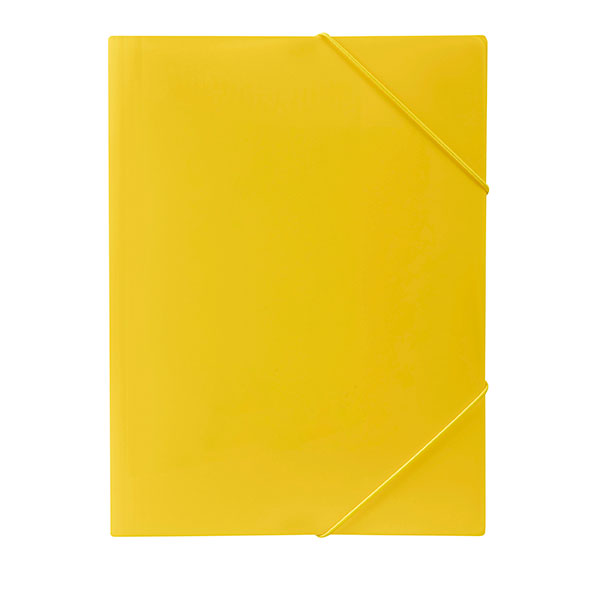 Bright yellow A4 document wallet with elastic straps, durable construction, and 3 internal flaps for secure document organization.