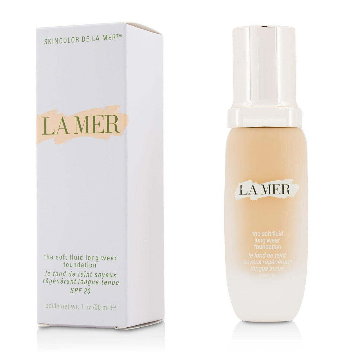 La Mer Soft Fluid Long Wear Foundation SPF 20 in shade #02/120 Ivory, offering breathable, long-lasting coverage and hydration.