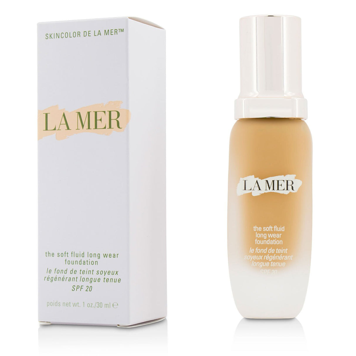 La Mer Soft Fluid Foundation #31/320 Blush in 30ml, lightweight with SPF 20, blurs imperfections for a radiant finish.