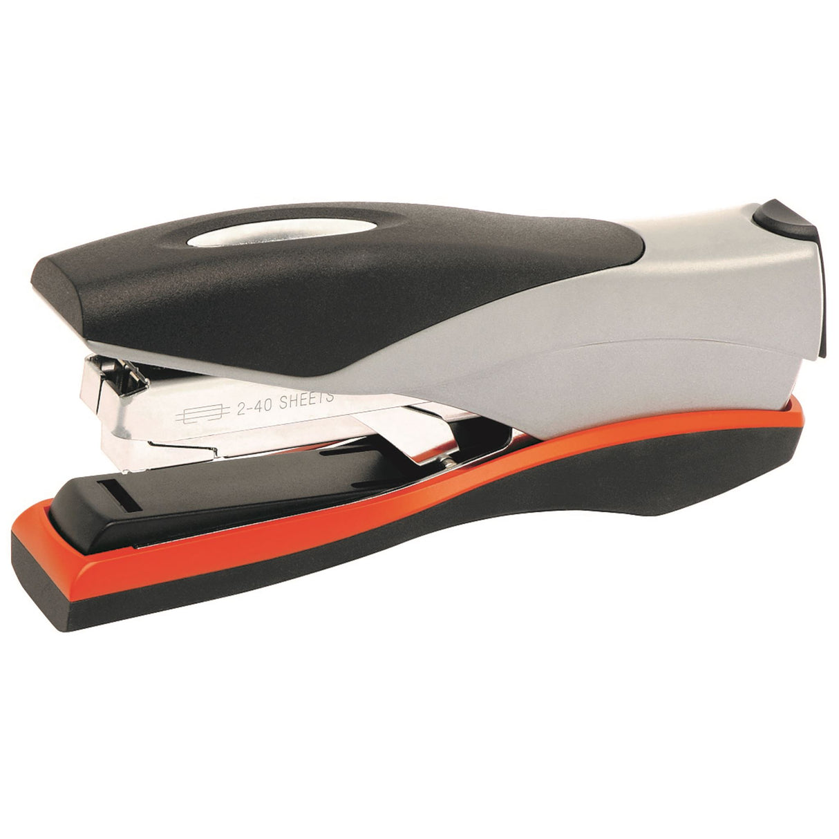 Rexel Optima40 stapler in silver and orange, staples up to 40 sheets with low effort and jam-free performance.