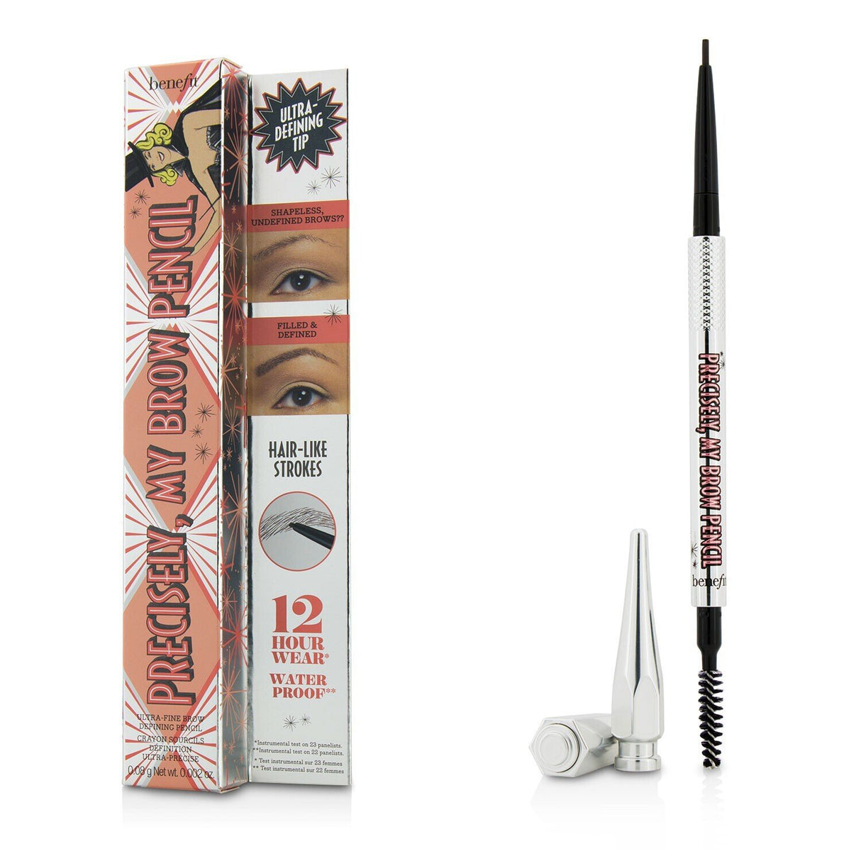 Ultra-fine brow pencil in #4 (Medium) with a waterproof formula for natural, defined brows and dual-end design for easy use.