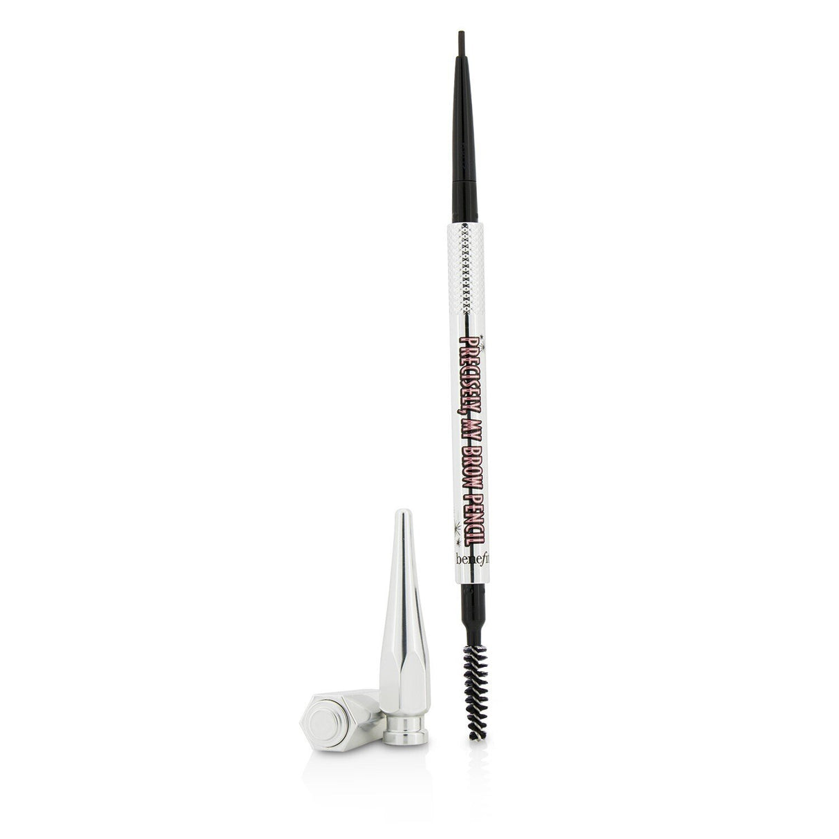 Ultra-fine brow pencil in #4 (Medium) for natural hair-like strokes, waterproof, dual-end with spoolie for blending.