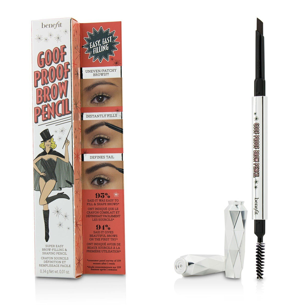 Benefit Goof Proof Brow Pencil #5 in Deep features a non-sharpen tip for easy filling, a waterproof formula, and a blending spoolie brush.